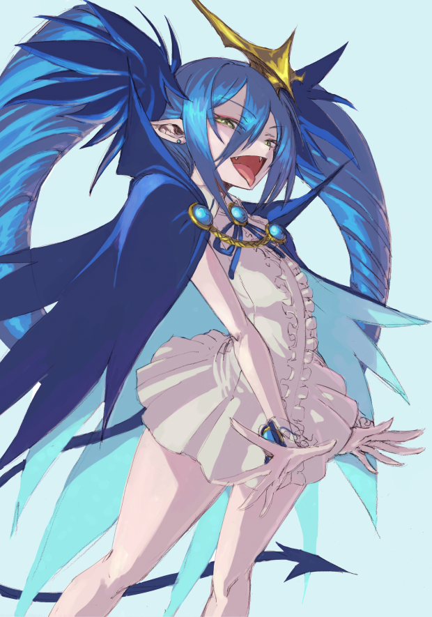 1girl :d blue_background blue_cape blue_hair blue_ribbon blue_tail bombergirl brooch cape center_frills collared_dress demon_tail dress drill_hair earrings eyes_visible_through_hair fangs frills hair_between_eyes jewelry legs_apart lewisia_aquablue long_tongue open_mouth pointy_ears ribbon short_dress sleeveless sleeveless_dress smile solo tail tongue tongue_out twin_drills vaison white_dress yellow_eyes