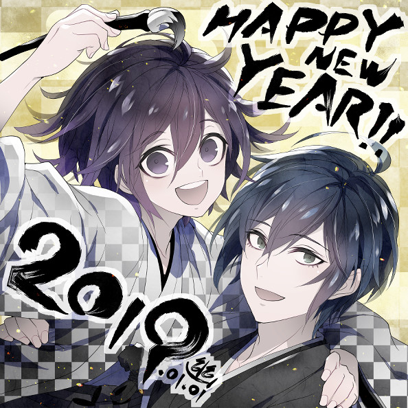 2019 2boys adapted_costume ahoge alternate_costume arm_around_neck black_jacket black_kimono black_sleeves blue_hair calligraphy_brush checkered_background checkered_haori checkered_sleeves commentary_request danganronpa_(series) danganronpa_v3:_killing_harmony dated eyelashes fingernails green_eyes hair_between_eyes hand_on_another&#039;s_shoulder haori happy happy_new_year holding holding_calligraphy_brush holding_paintbrush jacket japanese_clothes kimono light_particles long_sleeves looking_at_viewer male_focus multicolored_jacket multiple_boys new_year oma_kokichi open_mouth paintbrush purple_eyes purple_hair saihara_shuichi short_hair signature simple_background smile teeth two-tone_jacket two-tone_sleeves u_u_ki_u_u unmoving_pattern upper_body upper_teeth_only white_jacket white_kimono white_sleeves wide_sleeves yellow_background yukata
