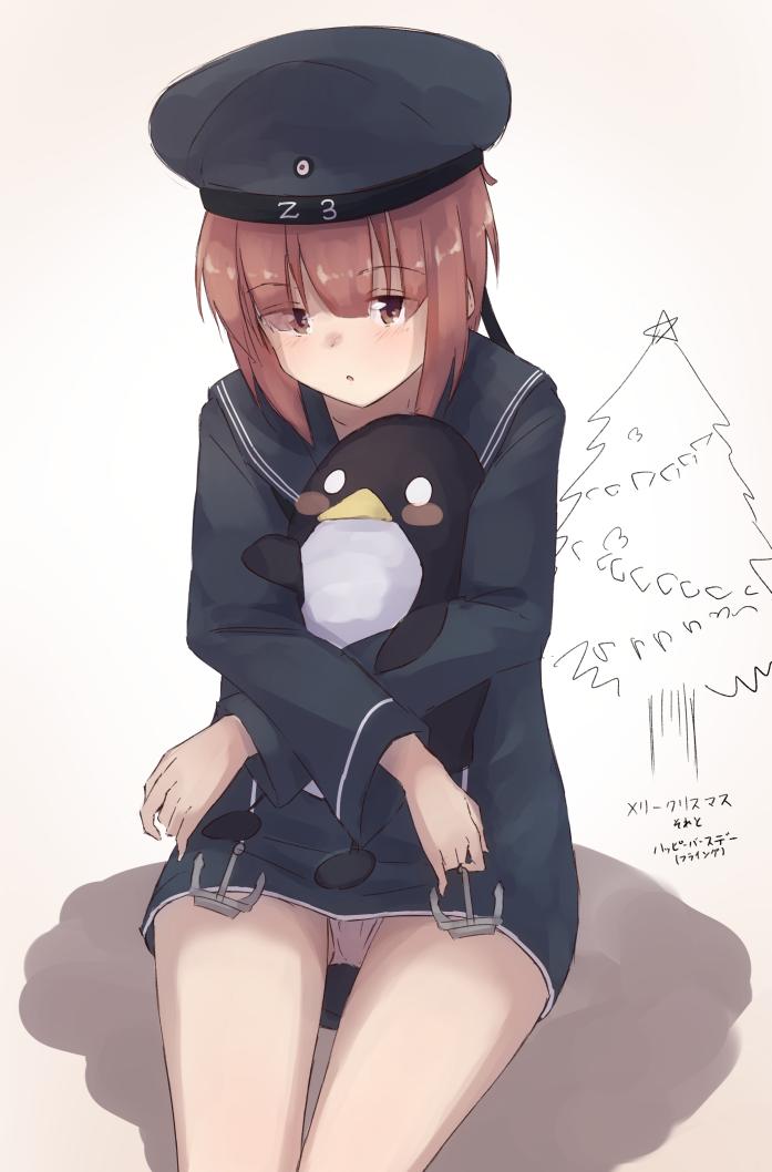 1girl blue_dress blue_hat brown_eyes brown_hair christmas christmas_tree clothes_writing dress failure_penguin hat kantai_collection kuuru_(kuuru-n) long_sleeves looking_at_viewer panties pantyshot parted_lips sailor_collar sailor_dress short_hair simple_background sitting stuffed_animal stuffed_penguin stuffed_toy translation_request underwear white_panties z3_max_schultz_(kancolle)