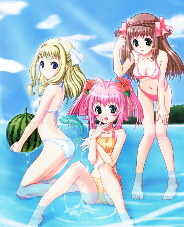 00s 2003 3girls animal barefoot bikini bistro_cupid bistro_cupid_(series) bistro_cupid_2 blonde_hair blue_bikini blue_eyes braid breasts brown_hair celery_periwinkle cherry_maple cleavage cloud collarbone crease crown_braid feet fish flower food fruit green_eyes hair_ribbon hal hibiscus holding holding_food holding_fruit leaning_forward light_rays long_hair looking_at_viewer medium_breasts melon multiple_girls ocean open_mouth orange_bikini pandaki_(aki) pink_bikini pink_hair red_hair ribbon scan sitting sky sorrel_nasturtium sparkle standing sunbeam sunlight swimsuit twintails watermelon white_bikini yellow_bikini