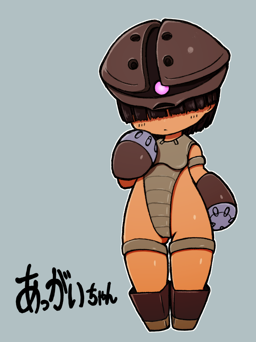1girl acguy beeru_(veil8801) breasts brown_hair brown_helmet character_name closed_mouth full_body grey_background grey_one-piece_swimsuit gundam hair_over_eyes hand_up helmet highleg highleg_one-piece_swimsuit highres medium_breasts mobile_suit_gundam one-piece_swimsuit outline personification short_hair simple_background solo standing swimsuit white_outline