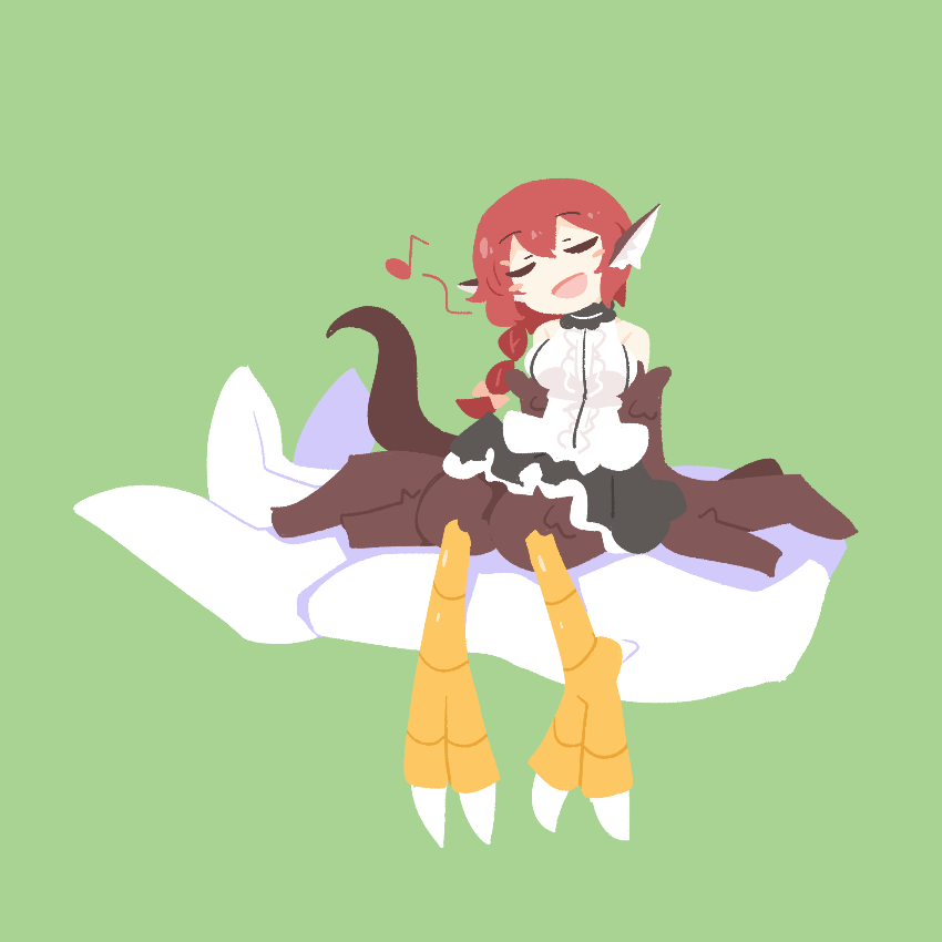 1girl animal_ears bare_shoulders big_o_pants bird_ears bird_legs bird_tail black_feathers black_wings closed_eyes commentary_request disembodied_hand feather_fingers feathers fio-chan_(big_o_pants) green_background harpy long_hair mini_person minigirl monster_girl music musical_note open_mouth original ponytail red_hair shirt simple_background singing sitting_on_hand sleeveless sleeveless_shirt solo_focus tail talons white_shirt winged_arms wings