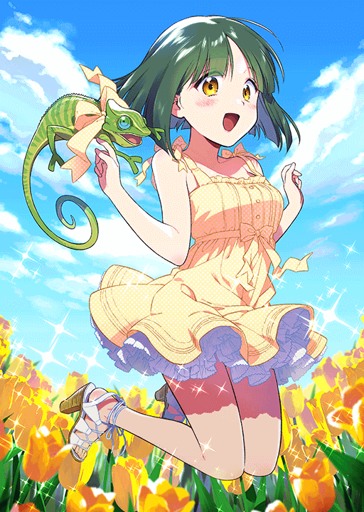 1girl animal bare_shoulders blue_sky blush bob_cut bow breasts chameleon collarbone day dress female_focus field flower flower_field frills green_hair gyoro jumping looking_at_viewer love_live! love_live!_school_idol_festival nature official_art open_mouth outdoors petticoat sandals shitara_fumi short_hair sky sleeveless sleeveless_dress smile solo sparkle yellow_dress yellow_eyes zekkyou_(h9s9)