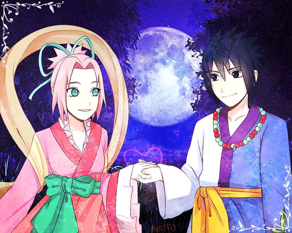 1boy 1girl cosplay haruno_sakura hikoboshi_(cosplay) naruto_(classic) naruto_(series) nattouh orihime_(cosplay) outdoors pink_hair sky tanabata uchiha_sasuke