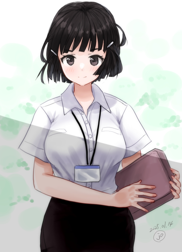 1girl alternate_costume black_hair black_skirt box brown_eyes collared_shirt cowboy_shot dress_shirt hair_ornament hairclip id_card kantai_collection kitagawa_mikio myoukou_(kancolle) office_lady one-hour_drawing_challenge pencil_skirt shirt short_hair skirt solo white_shirt