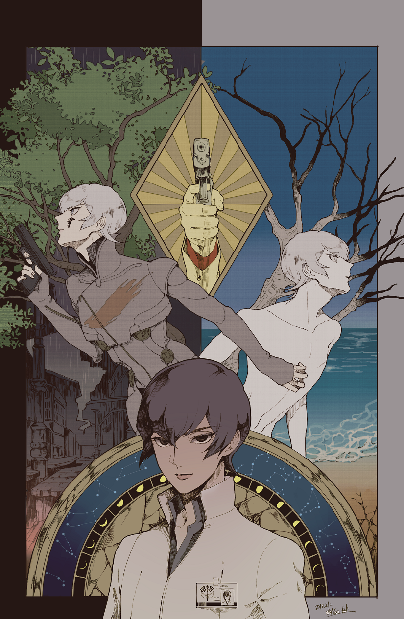 black_eyes black_hair digital_devil_saga dual_persona grey_eyes grey_hair gun handgun highres holding holding_weapon memessa multiple_boys pistol serph serph_sheffield shin_megami_tensei short_hair signature weapon