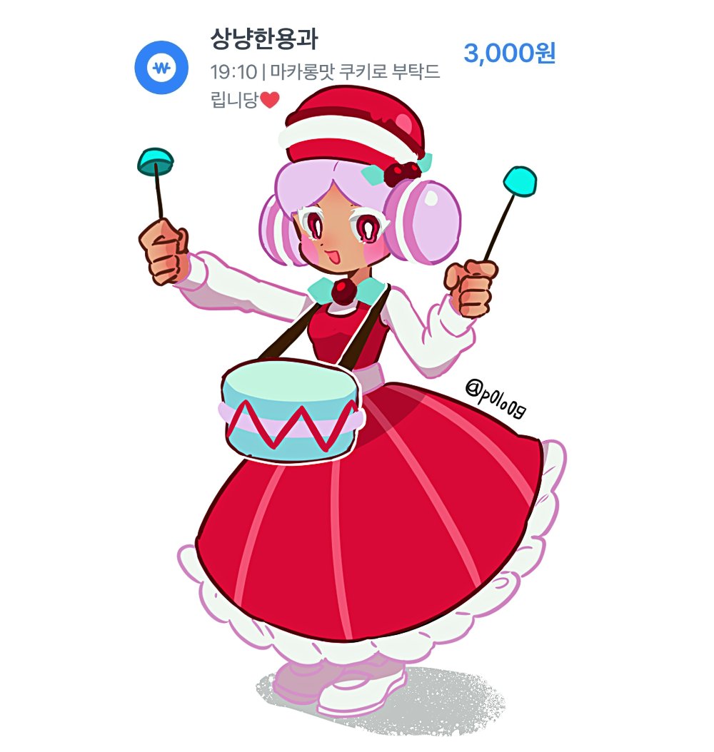 1girl bow braid braided_bun cookie_run cookie_run:_kingdom double_bun drumsticks food food-themed_hat hair_bun happy hat hat_ornament headscarf holly_hat_ornament humanization looking_at_viewer macaron macaron_cookie michelin_(p0lo09) open_mouth pink_hair pink_headscarf red_eyes smile solo