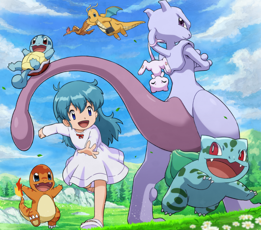 1girl :d ambertwo_(pokemon) aqua_hair blue_eyes bow bulbasaur charmander chasing child cloud day dragon dragonite dress dress_bow fearow fire flame-tipped_tail flower from_below gen_1_pokemon grass happy legendary_pokemon long_hair mew_(pokemon) mewtwo mythical_pokemon nintendo open_mouth outstretched_arm pokemoa pokemon pokemon:_the_first_movie_-_mewtwo_strikes_back pokemon_(anime) pokemon_(classic_anime) pokemon_(creature) red_bow running sky smile squirtle starter_pokemon_trio tail tongue