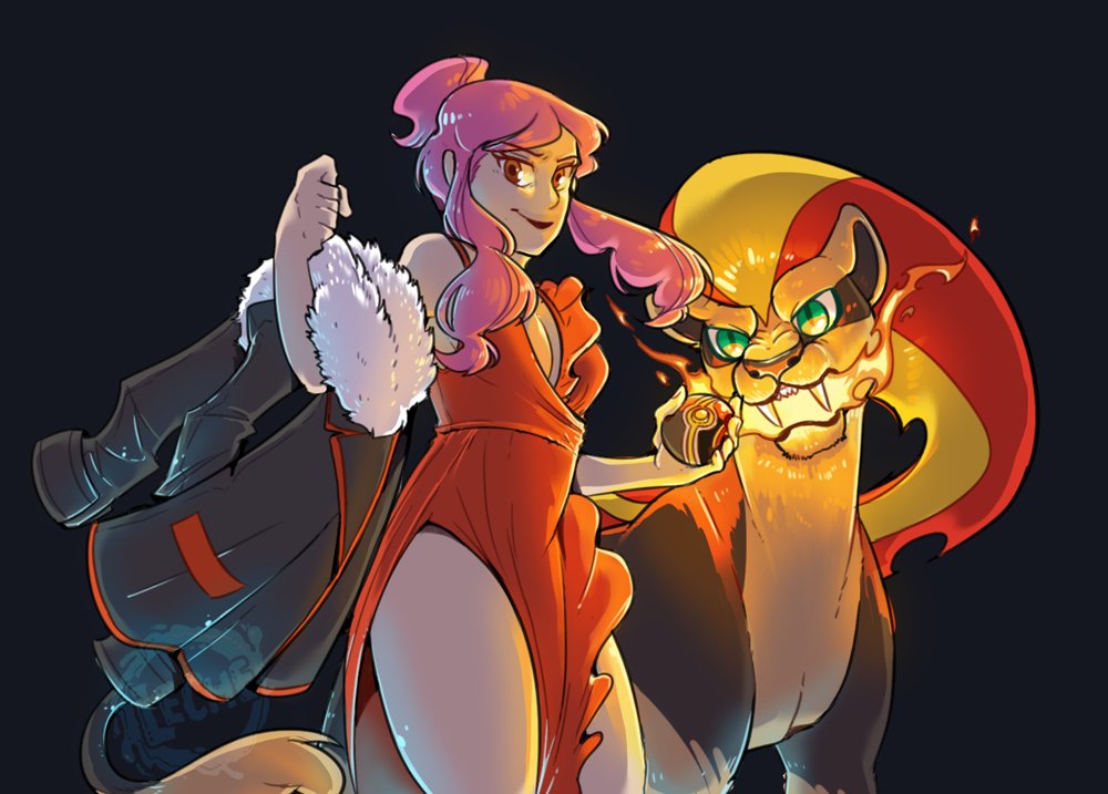 1girl alternate_costume animal_ears black_background breasts breath_weapon breathing_fire cowboy_shot dress fangs fire gen_6_pokemon holding holding_poke_ball jacket lion_ears lion_tail looking_at_viewer luxury_ball malva_(pokemon) nintendo pink_hair poke_ball pokemon pokemon_xy pyroar pyroar_(female) red_dress red_eyes tail trresleches unworn_jacket