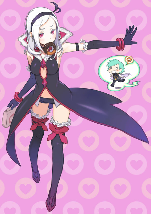 00s 1boy 1girl black_neckwear blush choker cleavage_cutout clothing_cutout donut eas_(fresh_precure!) elbow_gloves food fresh_precure! gloves hairband heart heart_background higashi_setsuna kuroboshi_kouhaku mouth_hold navel nishi_hayato outstretched_arm precure red_eyes thighhighs wester wester_(fresh_precure!) white_hair