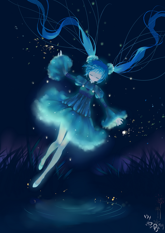 1girl blue_hair blue_theme dark dress dutch_angle closed_eyes female_focus floating glowing hatsune_miku long_hair nature night outdoors outstretched_arms plant signature sky solo spread_arms twintails vocaloid water yukino_neko