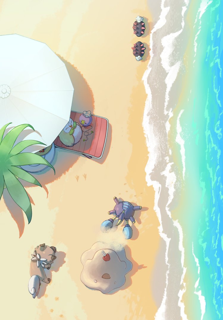 animal_focus beach_umbrella bird closed_eyes commentary_request crabrawler drifloon footprints from_above gen_4_pokemon gen_7_pokemon mokukitusui nintendo no_humans owl pokemon pokemon_(creature) pyukumuku rockruff rowlet sand sandygast shore umbrella water