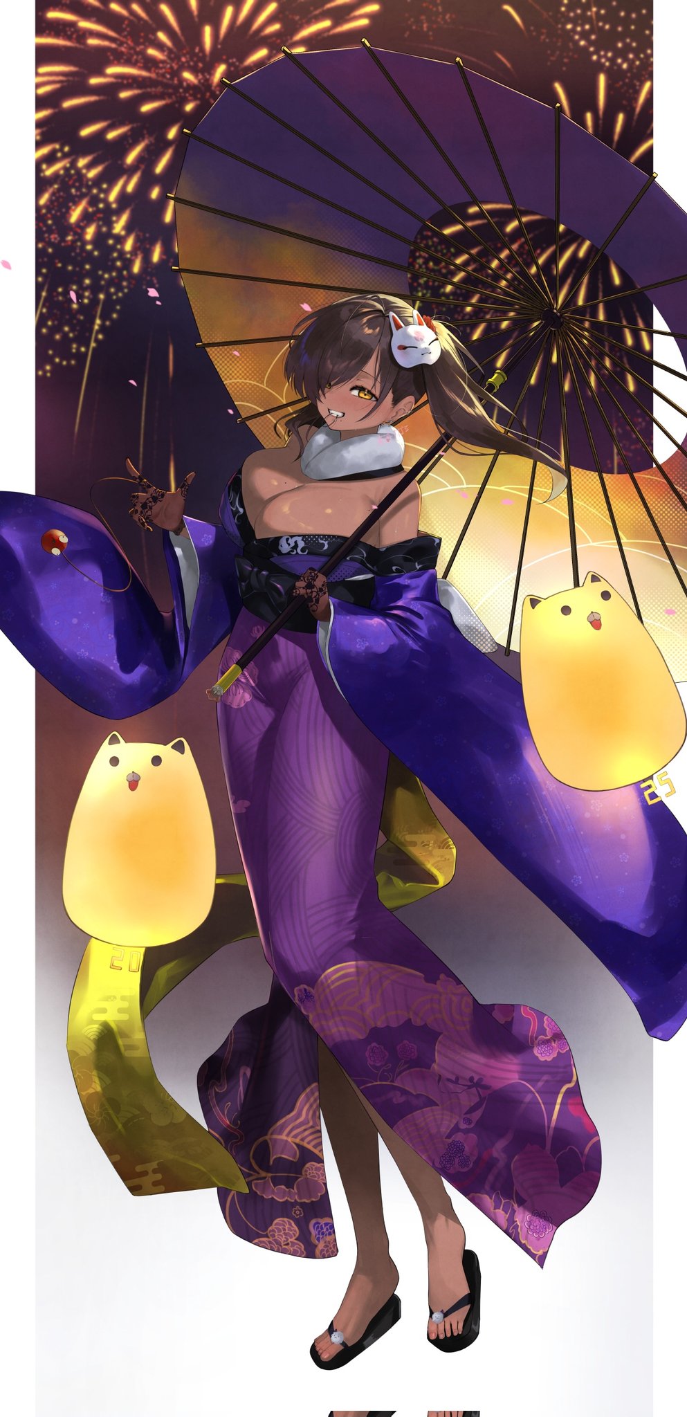 1girl dark-skinned_female dark_skin firework_background fox_mask fujisaki_subaru gloves goddess_of_victory:_nikke hair_over_one_eye hair_tie_in_mouth highres japanese_clothes kimono lace lace_gloves mask mask_on_head mouth_hold naga_(last_girlhood)_(nikke) naga_(nikke) purple_kimono see-through_clothes see-through_gloves solo