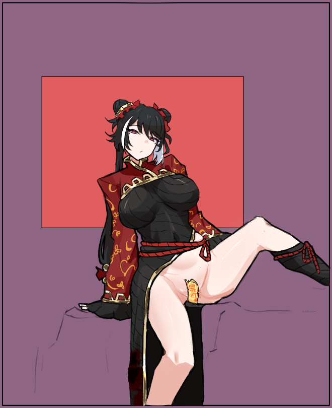 1girl black_dress black_hair breasts catnip_scent chinese_clothes closed_mouth coat commentary_request covered_navel double_bun dress frilled_sleeves frills hair_bun jia_xichun_(project_moon) korean_commentary large_breasts limbus_company long_hair long_sleeves looking_at_viewer maebari multicolored_hair ofuda ofuda_on_pussy pink_eyes project_moon purple_background red_background red_shrug red_sleeves rope_belt shrug_(clothing) simple_background sitting solo streaked_hair talisman twintails white_streaks