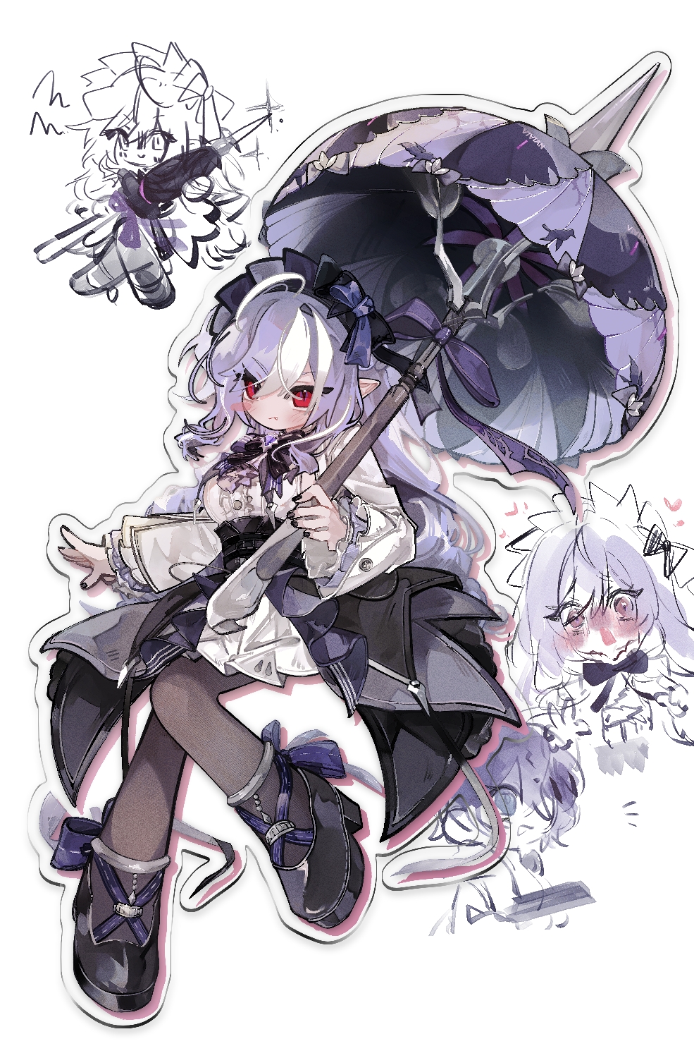 1girl black_nails black_pantyhose black_shoes blush bow bowtie breast_curtains center_frills closed_mouth drill_hair fang frills gem hairband heart highres holding holding_umbrella ihyang0079 long_hair looking_at_viewer mole mole_under_eye open_mouth pantyhose pointy_ears purple_bow purple_bowtie purple_gemstone purple_hair purple_hairband purple_umbrella shoes sideboob_cutout sketch_background solo sparkle umbrella vivian_banshee white_background zenless_zone_zero