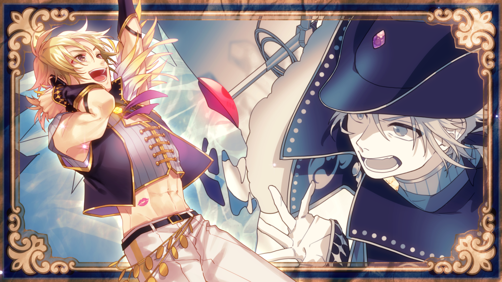 2boys :d alternate_eye_color alternate_hair_color arm_up belt black_belt black_jacket blonde_hair blue_border blue_headwear border brown_border brown_eyes commentary_request cowboy_shot cropped_jacket diamond_(shape) dutch_angle gem gloves grey_eyes grey_hair hand_on_own_head hat idol idol_clothes inset_border jacket kokuhaku_jikkou_iinkai lipstick_mark lipstick_mark_on_stomach male_focus midriff multicolored_border multiple_boys open_mouth ornate_border outside_border pants purple_gemstone shibasaki_aizou short_hair smile someya_yuujirou teeth upper_body white_gloves white_pants yamako_(state_of_children) yellow_border yellow_trim