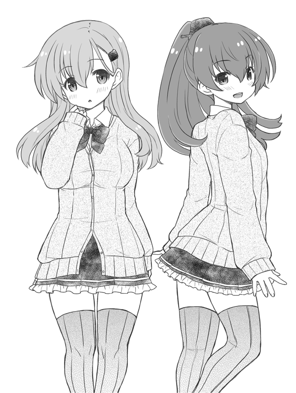 2girls bow bowtie breasts cardigan commentary_request frilled_skirt frills greyscale hair_between_eyes hair_ornament hairclip kantai_collection kumano_(kancolle) long_hair looking_at_viewer monochrome multiple_girls open_mouth ponytail rikaon shirt simple_background skirt sleeves_past_wrists suzuya_(kancolle) thighhighs white_shirt