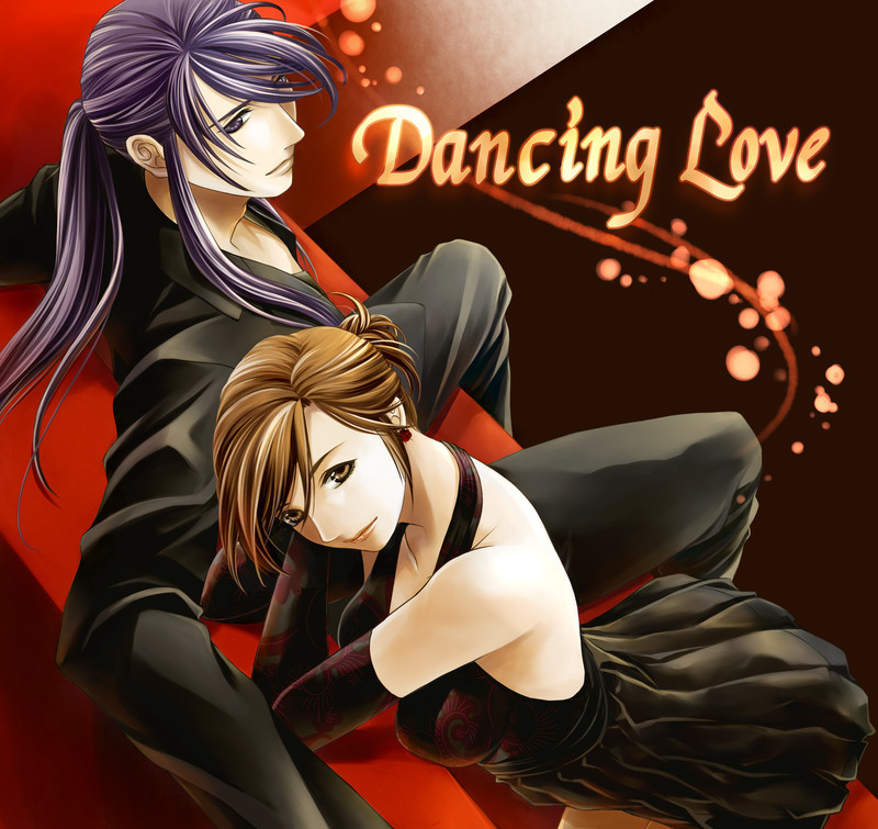 1boy 1girl couple dancing_love_(vocaloid) dress formal_clothes hair_up halterneck hetero kamui_gakupo meiko_(vocaloid) perspective ponytail suit toyu vocaloid