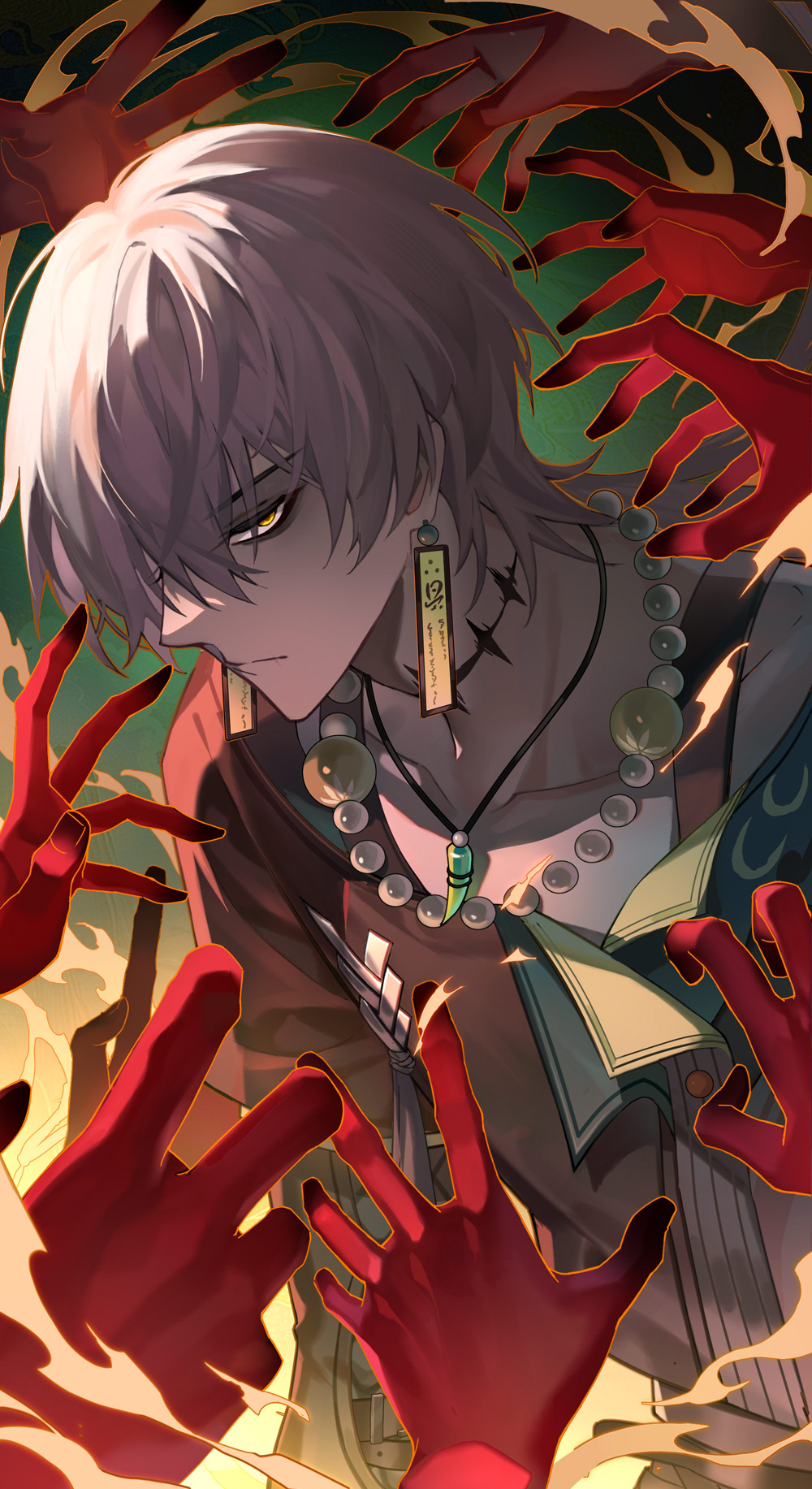 1boy bags_under_eyes bead_necklace beads black_shirt body_markings chinese_commentary collarbone commentary earrings from_side fuutan geshu_lin_(wuthering_waves) ghost_hands gradient_background green_background grey_hair highres jewelry looking_at_viewer looking_to_the_side male_focus multiple_necklaces necklace ofuda_earrings pale_skin shirt short_hair solo tacet_mark_(wuthering_waves) tooth_necklace upper_body wuthering_waves yellow_eyes