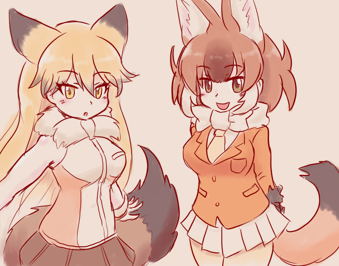 2girls animal_ears bare_shoulders beaver_ears black_gloves blonde_hair blush bow bowtie breasts brown_hair cosplay costume_switch dhole_(kemono_friends) dhole_(kemono_friends)_(cosplay) dog_ears dog_girl dog_tail extra_ears ezo_red_fox_(kemono_friends) ezo_red_fox_(kemono_friends)_(cosplay) fox_ears fox_tail fur_trim gloves hair_between_eyes jacket japari_symbol kemono_friends kemono_friends_3 long_hair long_sleeves looking_at_viewer mo23 multicolored_hair multiple_girls open_mouth orange_jacket pantyhose shirt short_hair skirt sleeveless smile tail two-tone_hair white_bow white_bowtie white_hair