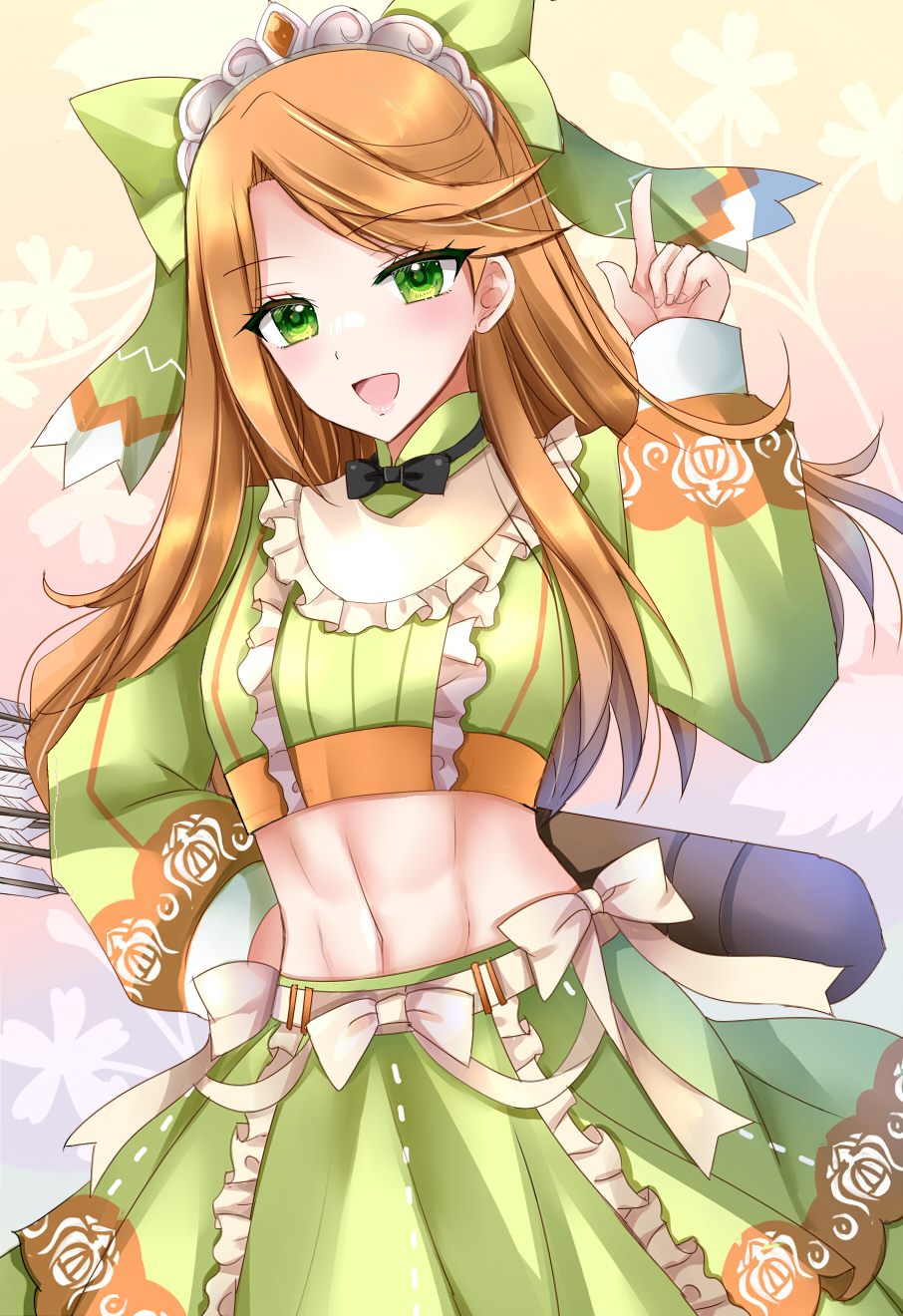 1girl abs blush bow breasts crop_top etie_(fire_emblem) fire_emblem fire_emblem_engage green_bow green_eyes green_shirt green_skirt hair_bow highres long_hair long_sleeves looking_at_viewer midriff navel nintendo open_mouth orange_hair shirt skirt smile solo