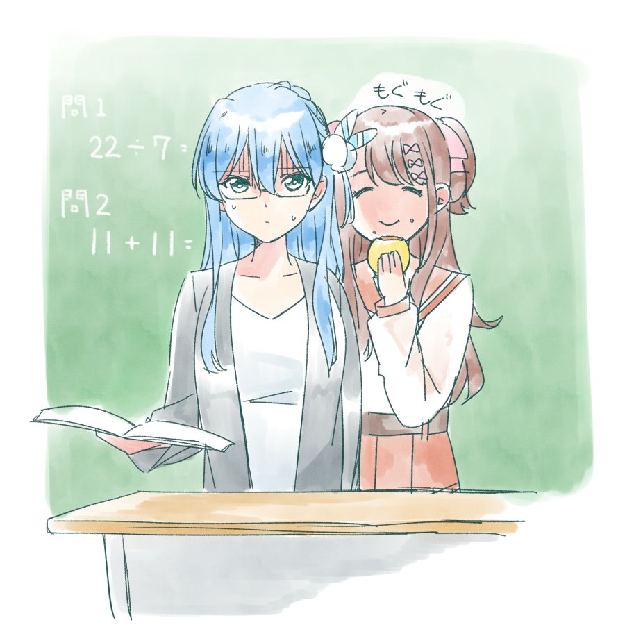 22/7 2girls ^_^ blue_eyes blue_hair book border bow braid brown_hair brown_sailor_collar brown_skirt chalkboard classroom closed_eyes eating food food_on_face grey_jacket hair_bow hair_ornament holding holding_book holding_food indoors jacket light_blue_hair long_hair long_sleeves maruyama_akane multiple_girls pink_bow pleated_skirt pom_pom_(clothes) pom_pom_hair_ornament rectangular_eyewear sailor_collar school_uniform semi-rimless_eyewear sera_honoka serafuku shaded_face shirt single_braid skirt smile sweatdrop trefle_r two_side_up under-rim_eyewear white_border white_shirt
