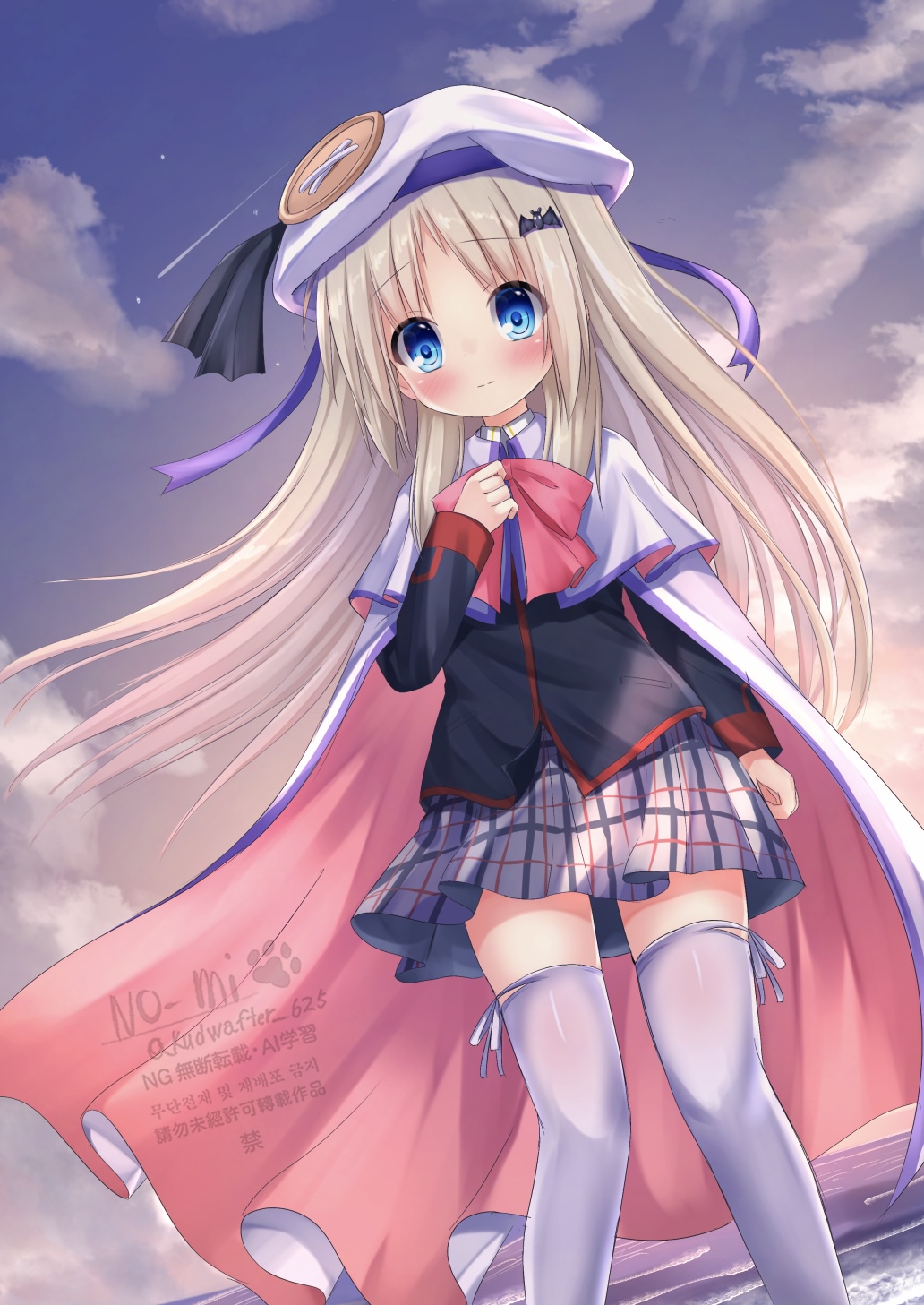 1girl beret black_shirt blue_eyes blush bow bowtie cloak closed_mouth commentary_request floating_hair hat highres kud_wafter kudpoid_(71139) little_busters! little_busters!_school_uniform long_hair looking_at_viewer miniskirt noumi_kudryavka pink_bow pink_bowtie plaid_clothes plaid_skirt pleated_skirt school_uniform shirt skirt solo thighhighs white_cloak white_hat white_thighhighs