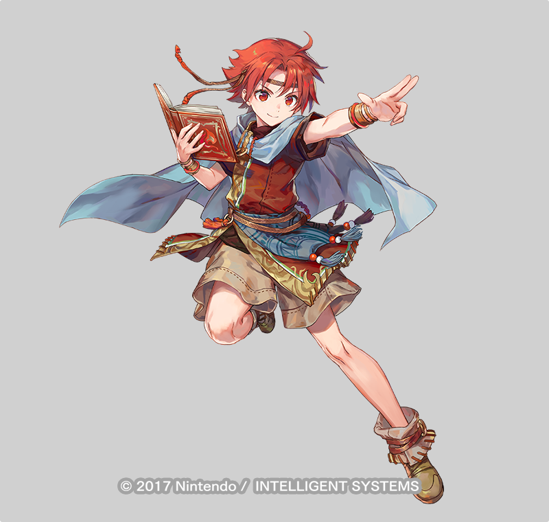 1boy azu-taro belt book boots bracelet cape circlet ewan_(fire_emblem) fire_emblem fire_emblem:_the_sacred_stones fire_emblem_heroes full_body grey_background jewelry male_focus nintendo official_art red_eyes red_hair solo