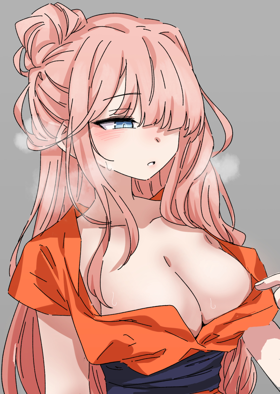 1girl blue_sash blush breasts brown_dust_(series) brown_dust_2 cleavage clothes_pull hair_between_eyes hair_bun hair_over_one_eye heavy_breathing highres large_breasts lips long_hair looking_ahead looking_down open_mouth orange_shirt pink_hair sash shirt shirt_pull simple_background sin_seishun single_hair_bun solo sweat sylvia_(brown_dust) upper_body very_long_hair