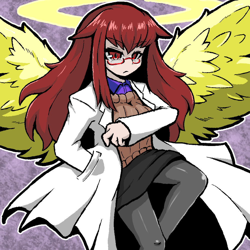 1girl angel angel_wings black_pantyhose breasts closed_mouth collared_shirt commentary_request feathered_wings halo hand_in_pocket lab_coat long_hair miniskirt mon-musu_quest! nimura_mutsutoshi pantyhose promestein red_eyes red_hair shirt sidelocks simple_background skirt solo sweater wings
