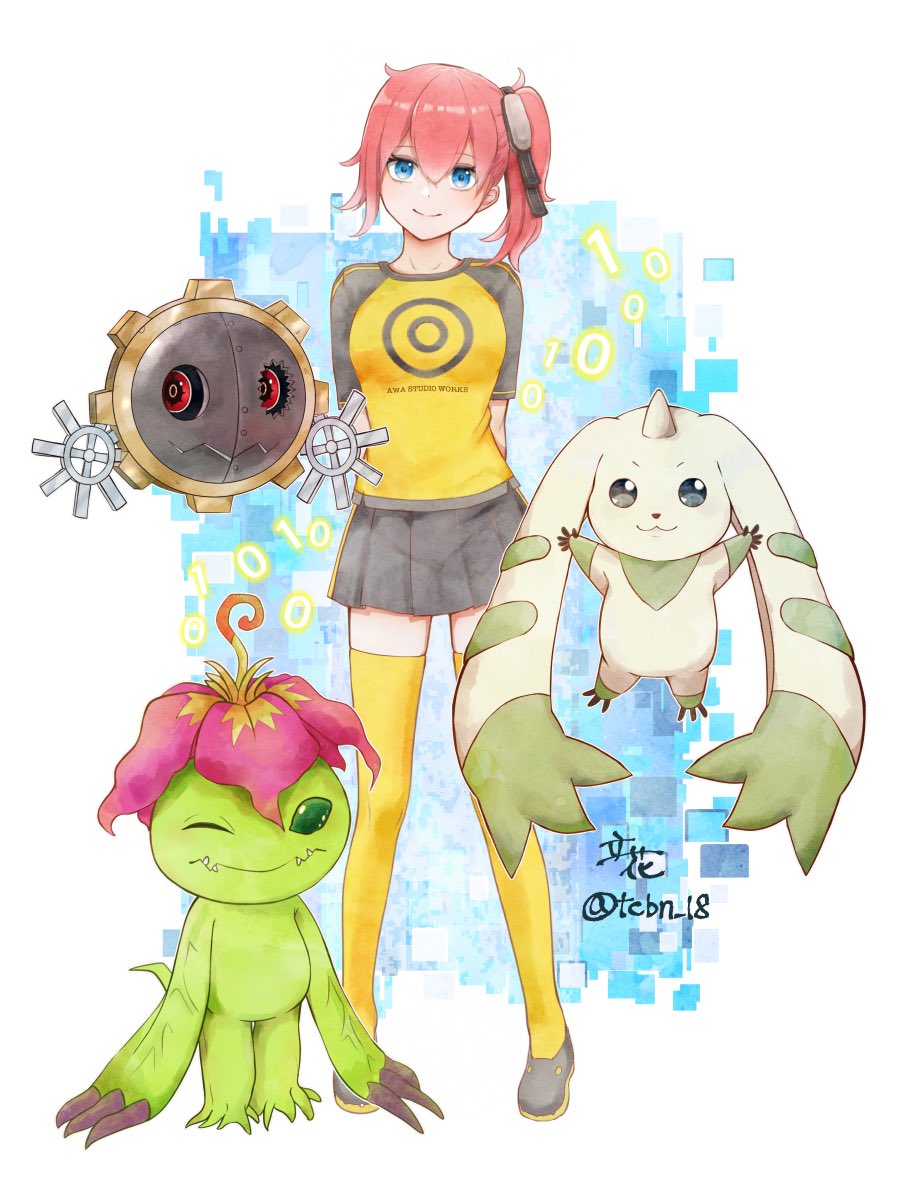 1girl aiba_ami black_shirt black_skirt blue_eyes body_fur colored_skin digimon digimon_story:_cyber_sleuth full_body gears green_fur green_skin group_picture hagurumon highres horns long_hair looking_at_viewer miniskirt palmon pleated_skirt print_shirt red_hair rikka_(tcbn_18) shirt side_ponytail simple_background single_horn skirt smile terriermon two-tone_shirt white_background yellow_shirt