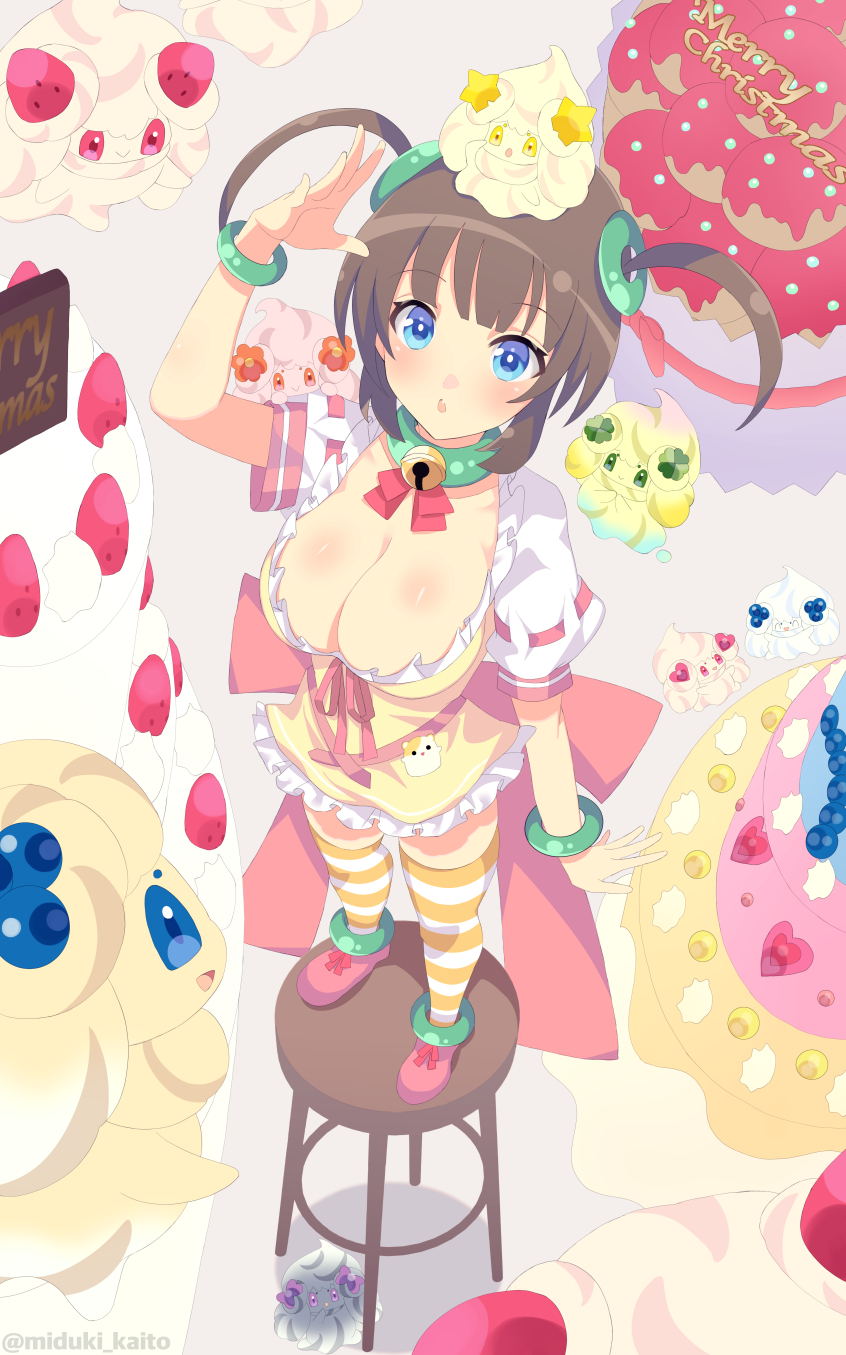 1girl :o ^_^ alcremie alcremie_(berry_sweet) alcremie_(caramel_swirl) alcremie_(clover_sweet) alcremie_(flower_sweet) alcremie_(lemon_cream) alcremie_(love_sweet) alcremie_(mint_cream) alcremie_(ribbon_sweet) alcremie_(ruby_cream) alcremie_(salted_cream) alcremie_(star_sweet) alcremie_(strawberry_sweet) alcremie_(vanilla_cream) back_bow bell blue_eyes blueberry blush body_blush boots bow bowtie bracelet breasts brown_hair cake chair choker cleavage closed_eyes clover collarbone crossover dress dynamax fang flower food food-themed_hair_ornament four-leaf_clover frilled_dress frills fruit gen_8_pokemon gigantamax gigantamax_alcremie gogat8 green_choker green_eyes hair_bow hair_ornament hamster hamster_print heart highres jewelry jingle_bell large_breasts looking_at_viewer merry_christmas minori_(senran_kagura) neck_bell nintendo on_chair on_head on_shoulder open_mouth orange_thighhighs pink_boots pokemon pokemon_(creature) pokemon_on_head pokemon_on_shoulder puffy_short_sleeves puffy_sleeves purple_bow purple_eyes red_bow red_bowtie ribbon-trimmed_sleeves ribbon_trim ring_hair_ornament senran_kagura senran_kagura_shinovi_versus shiny_skin short_sleeves standing standing_on_chair star_(symbol) stool strawberry strawberry_hair_ornament striped_clothes striped_thighhighs thighhighs twintails waist_bow whipped_cream yellow_dress yellow_eyes