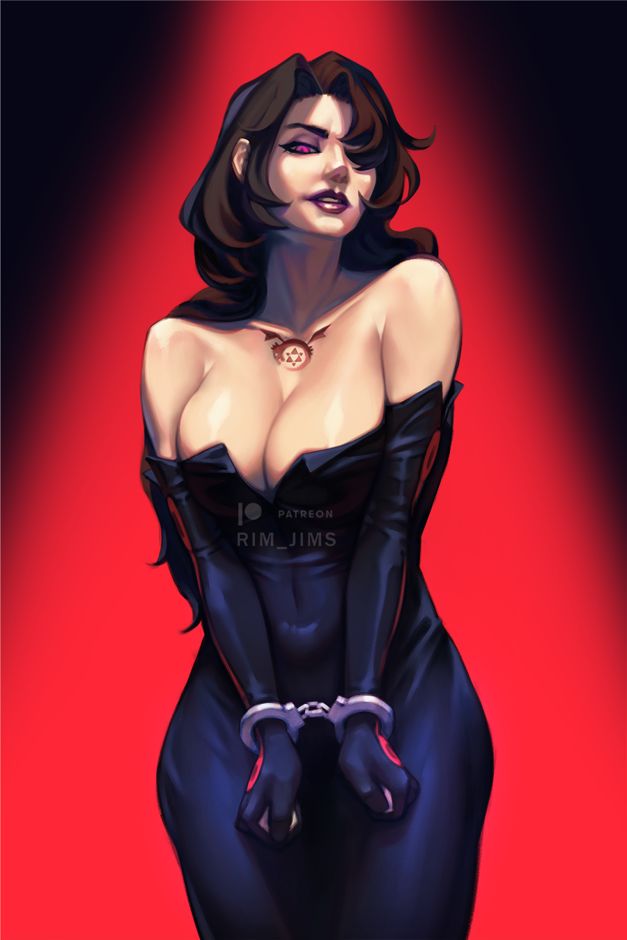 1girl artist_name black_hair breasts chest_tattoo cleavage cowboy_shot cuffs dress elbow_gloves fullmetal_alchemist gloves hair_over_one_eye handcuffs highres homunculus large_breasts lipstick long_hair looking_down lust_(fma) makeup patreon_logo red_background red_eyes rim_jims solo tattoo wide_hips