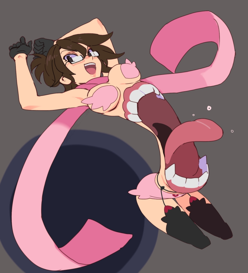 1girl 2015 breasts brown_hair extra_mouth female_focus garter_belt garter_straps glasses gloves grey_background lingerie long_tongue looking_at_viewer open_mouth pasties ponytail scarf simple_background skullgirls smile solo thighhighs tongue tongue_out underwear venus_(skullgirls) yuriyuri_(ccc)