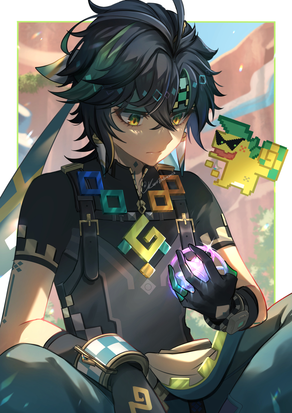 1boy 1other ajaw_(genshin_impact) black_gloves black_hair black_shirt closed_mouth earrings gem genshin_impact gloves green_eyes green_hair green_headband green_pants hair_between_eyes headband highres holding holding_gem jewelry kinich_(genshin_impact) kuro_tsubasa male_focus multicolored_hair open_mouth pants shirt short_hair spiked_ear_piercing two-tone_gloves