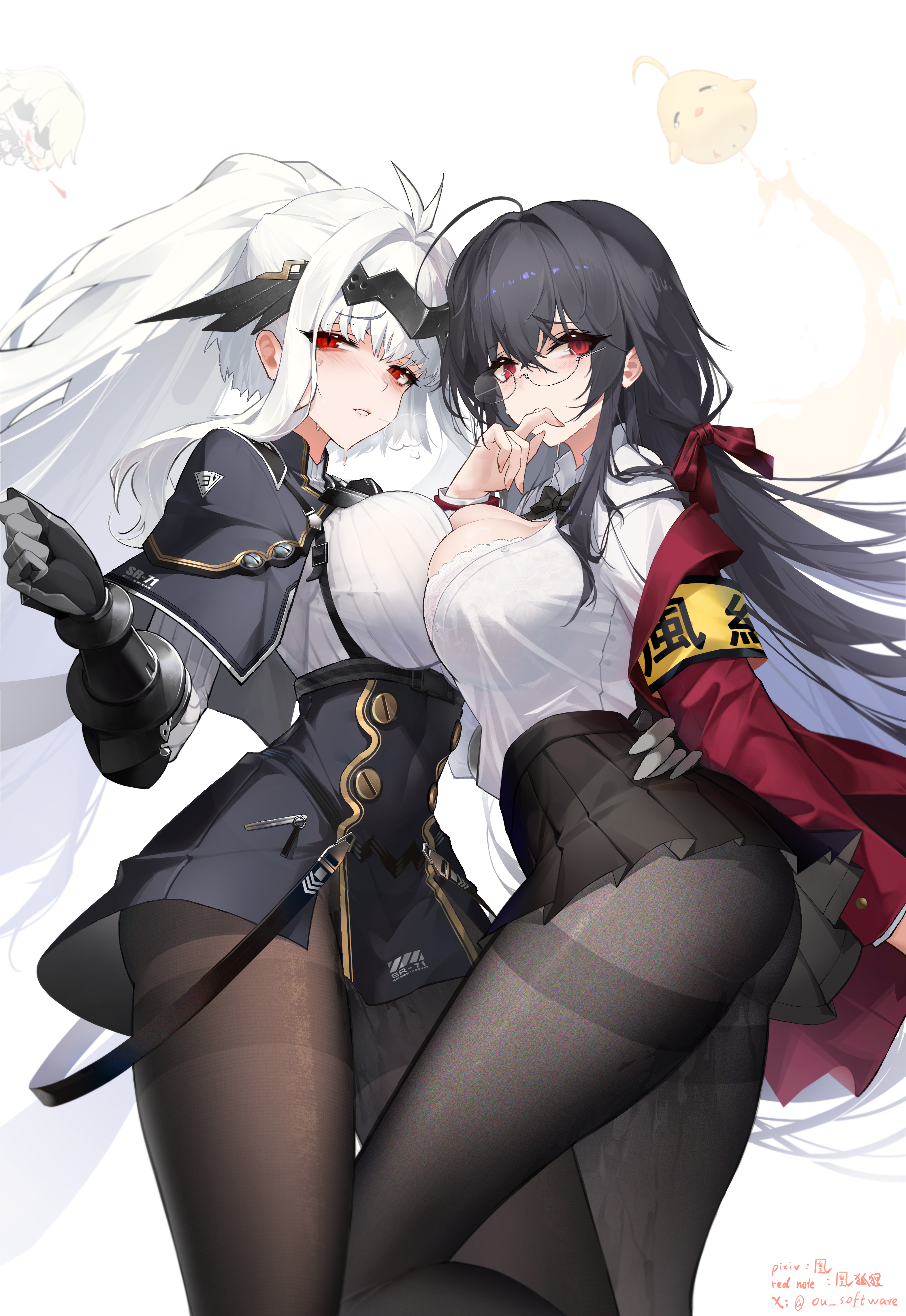 2girls absurdres antenna_hair ash_arms ass azur_lane black_bow black_bowtie black_capelet black_gloves black_hair black_headband black_pantyhose black_skirt bow bowtie breast_press breasts buttons capelet chinese_commentary collared_shirt crossover double-breasted dress framed_breasts glasses gloves hand_on_another's_waist headband high_ponytail highres huang_(pixiv3580877) jacket large_breasts long_hair long_sleeves looking_at_viewer loose_bowtie manjuu_(azur_lane) medium_dress miniskirt multiple_girls official_alternate_costume pantyhose partially_unbuttoned pleated_skirt ponytail red_eyes red_jacket school_uniform semi-rimless_eyewear shirt shirt_tucked_in simple_background skirt sr-71_blackbird_(ash_arms) symmetrical_docking taihou_(azur_lane) taihou_(sweet_time_after_school)_(azur_lane) thighband_pantyhose translation_request very_long_hair white_background white_shirt