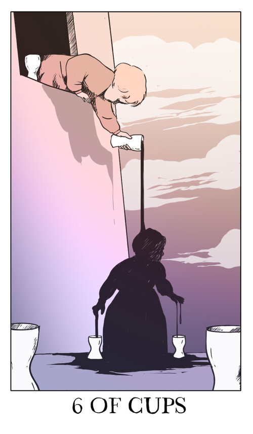 2boys bent_over black_liquid blonde_hair border brown_shirt building card_(medium) cloud cloudy_sky cup english_text gradient_sky holding holding_cup horror_(theme) hunched_over jessica_hayworth leaning_forward leaning_out_of_window liquid male_focus multiple_boys orange_sky outdoors pouring purple_sky shadow shirt short_hair silhouette sky standing surreal tarot tarot_(medium) welcome_to_night_vale white_border window