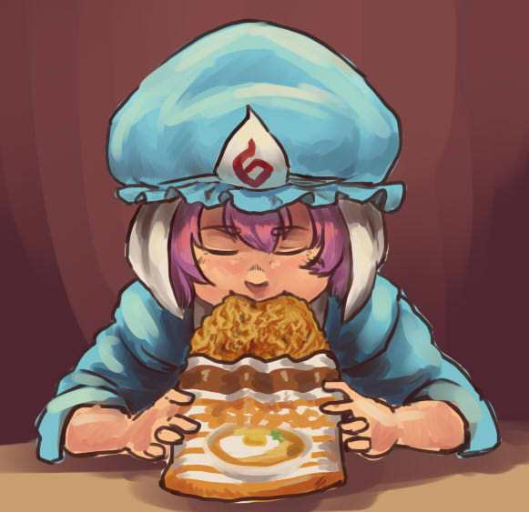 1girl blue_hat chanta_(ayatakaoisii) closed_eyes eating food frilled_hat frills hat instant_noodle_block pack_noodles pink_hair saigyouji_yuyuko shadow short_hair solo touhou