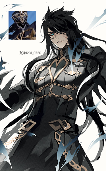 1boy artist_name black_coat black_hair blue_eyes capitano_(genshin_impact) coat commentary_request facial_scar floating_hair game_screenshot_inset genshin_impact hair_over_one_eye korean_commentary long_hair long_sleeves looking_at_viewer male_focus multicolored_hair np_(1231_0720) one_eye_covered parted_bangs parted_lips reference_inset scar scar_across_eye scar_on_cheek scar_on_face serious sidelocks simple_background solo streaked_hair swept_bangs twitter_username twitter_x_logo v-shaped_eyebrows white_background white_hair