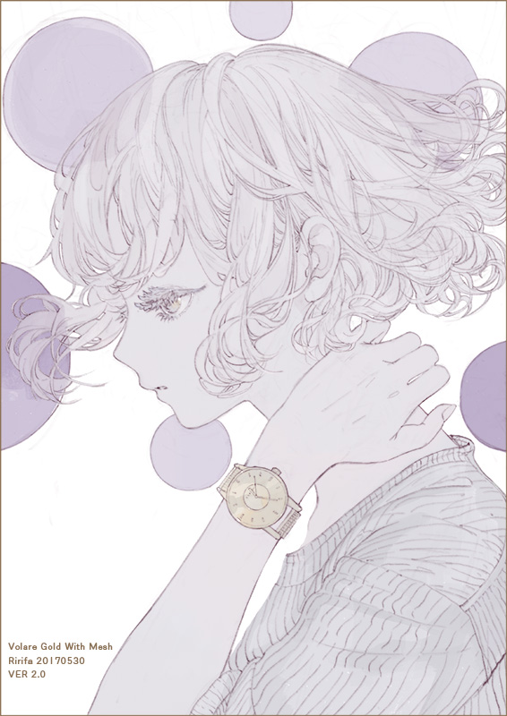 1girl 2017 border dated dots english_text eyelashes from_side hand_on_own_neck hand_up klasse14 original parted_lips profile purple_background ririfa shirt short_hair solo spot_color two-tone_background upper_body watch white_background white_hair wristwatch yellow_eyes
