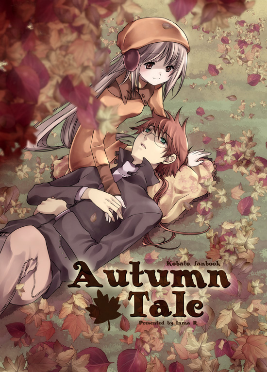 00s 1boy 1girl autumn brown_eyes brown_hair dress fujimoto_kiyokazu glasses green_eyes hanato_kobato hat inma kobato. lap_pillow long_hair lying outdoors plant sitting
