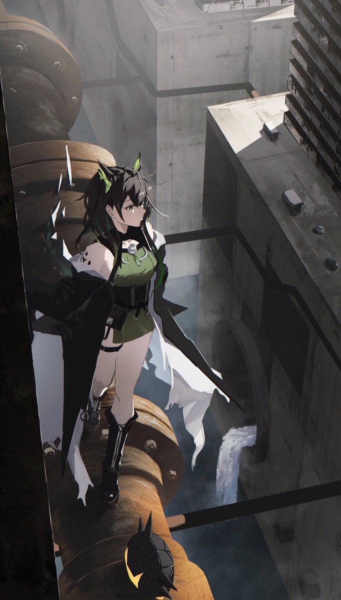 1girl animal_ears arknights bare_legs bare_shoulders belt belt_pouch black_belt black_boots black_hair black_jacket black_tail boots catwalk_(walkway) cityscape dress fake_animal_ears green_dress green_eyes hashtag-only_commentary high_up highres industrial_pipe jacket knee_boots looking_to_the_side mon3tr_(arknights) originium_slug_(arknights) pouch shikyou_yoru short_dress sleeveless sleeveless_dress solo thigh_strap walking water zipper_footwear