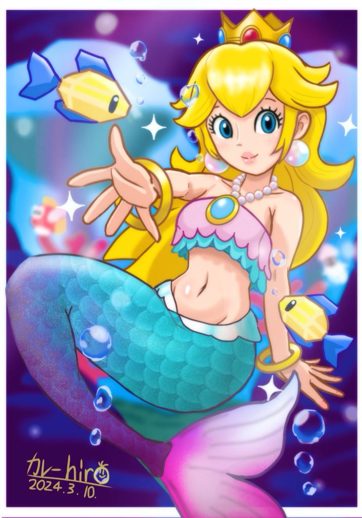1girl air_bubble artist_name ballhuman bikini bikini_top_only blonde_hair blue_bikini blue_eyes bracelet brooch bubble cheep_cheep earrings fins fish fish_tail gold_bracelet jewelry layered_bikini long_hair mario_(series) mermaid mermaid_peach monster_girl navel necklace nintendo official_alternate_costume pearl_earrings pearl_necklace pink_bikini princess_peach princess_peach:_showtime! solo sphere_earrings strapless strapless_bikini submerged swimsuit tail underwater