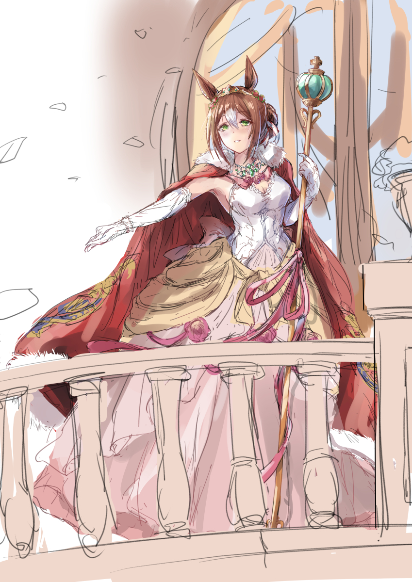 1girl animal_ears blush breasts brown_hair cape cleavage commentary_request dress elbow_gloves fine_motion_(umamusume) fur-trimmed_cape fur_trim gloves hair_bun highres holding holding_scepter horse_ears horse_girl jewelry matsukura_nemu multicolored_hair necklace outstretched_arm parted_lips railing red_cape scepter sketch smile solo streaked_hair tiara umamusume white_dress white_gloves white_hair