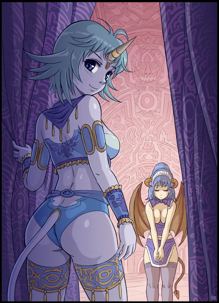 2girls apron ashmet ass black_legwear blue_eyes breasts chalyss_(felarya) cleavage closed_eyes curtains demon_girl felarya green_hair horns indoors jewelry karbo looking_back maid maid_apron multiple_girls short_hair single_horn smile tail thighhighs topless_female wings