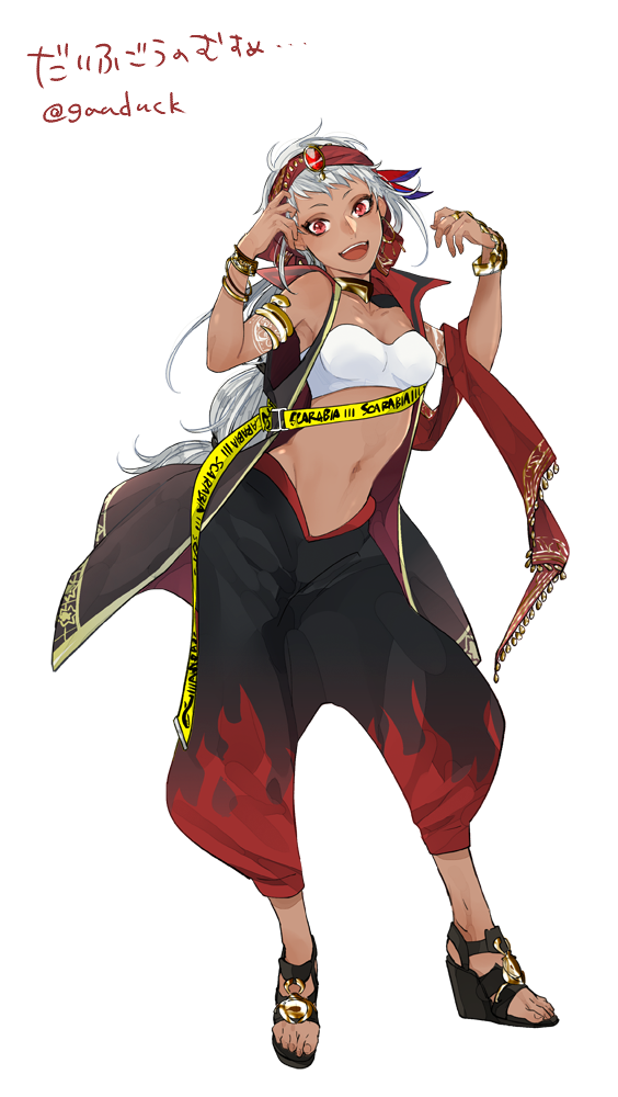 1girl :d adapted_costume armlet bare_shoulders black_pants black_vest bracelet clothes_writing dark-skinned_female dark_skin flame_print full_body genderswap genderswap_(mtf) groin hands_up headband jewelry kalim_al-asim long_hair looking_at_viewer multi-tied_hair navel necklace open_mouth pants platform_sandals puffy_pants sandals shirai simple_background sleeveless smile snake_armband solo strapless tube_top twisted_wonderland very_long_hair vest white_background white_hair