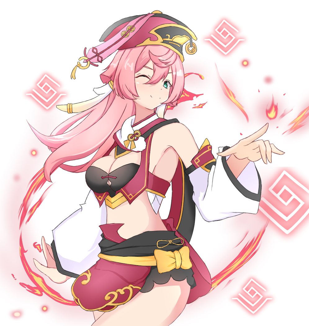 1girl antlers bare_shoulders black_bloomers black_bra bloomers bra breasts coin_hat_ornament cowboy_shot crop_top detached_sleeves embers fire genshin_impact green_eyes hair_between_eyes hat_ornament horns long_hair medium_breasts midriff one_eye_closed pink_hair pyrokinesis red_headwear red_skirt remingu skirt smile solo underwear vision_(genshin_impact) white_background yanfei_(genshin_impact)
