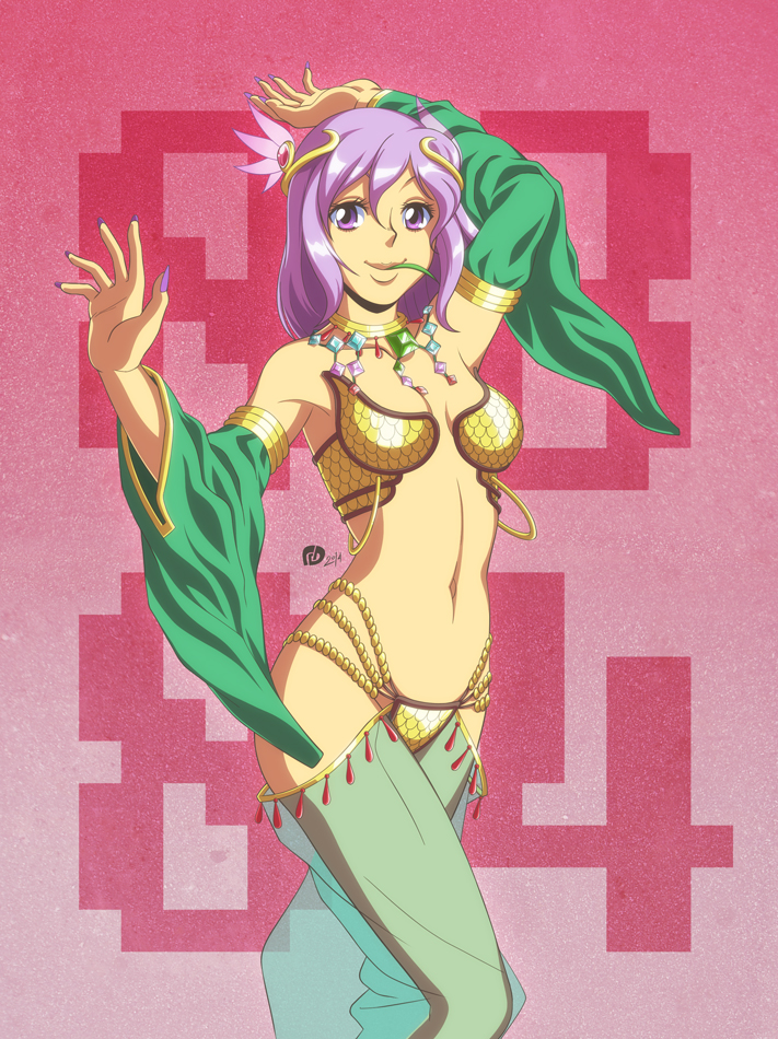 1girl arm_up bikini blue_gemstone breasts circlet closed_mouth cokeboy commentary commission detached_sleeves english_commentary feet_out_of_frame fingernails gem gold_necklace green_gemstone green_pants green_sleeves gypsy_(ragnarok_online) harem_pants jewelry leaf_in_mouth looking_at_viewer medium_breasts medium_hair navel necklace pants pink_background purple_eyes purple_hair purple_nails ragnarok_online red_gemstone see-through_clothes see-through_pants smile solo strapless strapless_bikini swimsuit yellow_bikini