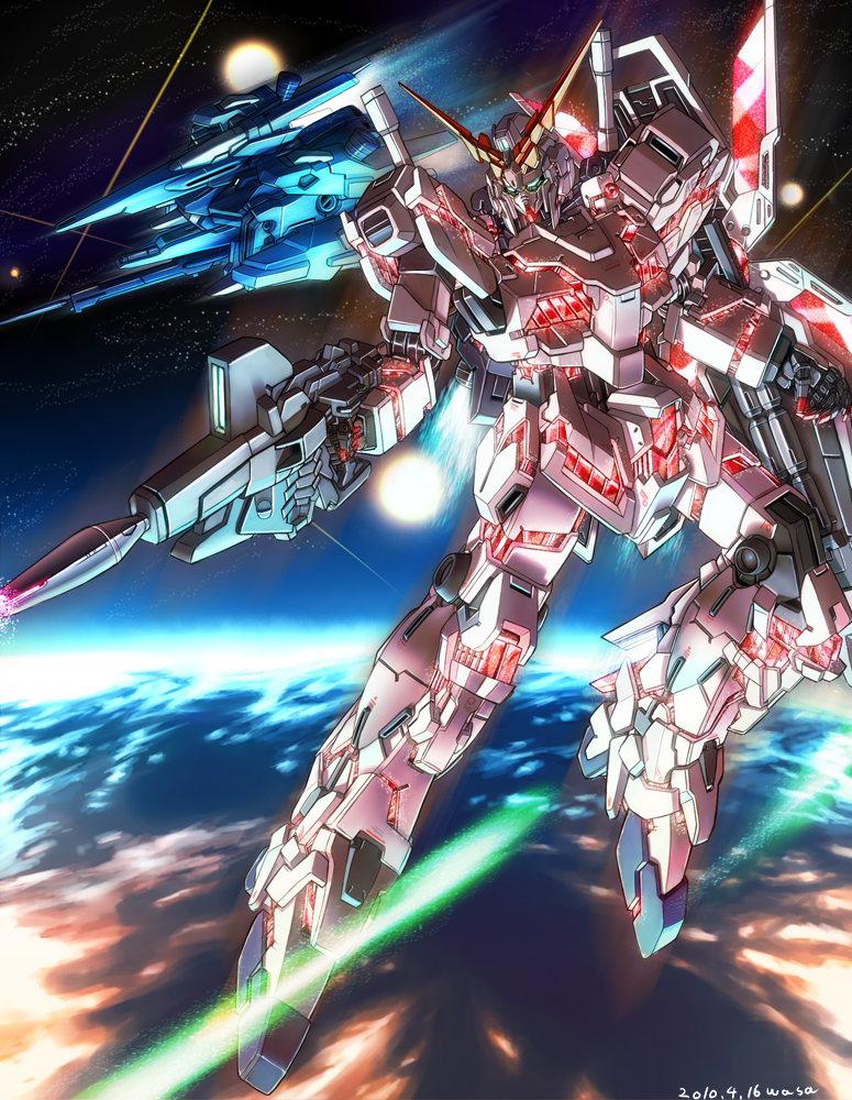 beam_rifle earth_(planet) energy_beam energy_gun gun gundam gundam_unicorn mecha nt-d planet rezel robot shield space sparkle unicorn_gundam wasabi_(payan) weapon