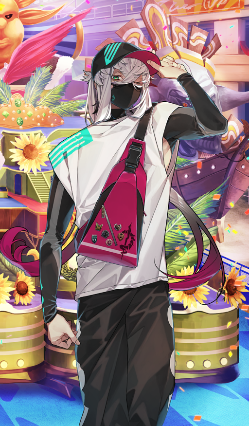 1boy arm_at_side asclepius_(event_portrait)_(fate) asclepius_(fate) baseball_cap black_hat black_mask black_pants buckle commentary_request covered_mouth crossed_bangs fate/grand_order fate_(series) feet_out_of_frame flower gradient_hair green_eyes hair_between_eyes hand_on_headwear hat layered_sleeves long_hair long_sleeves looking_at_viewer male_focus mask mouth_mask multicolored_hair official_alternate_costume official_art one_eye_closed outdoors pants parade_float pink_bag pink_hair shirt short_over_long_sleeves short_sleeves sidelocks sleeveless sleeveless_shirt solo split_ponytail standing sunflower teita_(88_taho) third-party_source turtleneck two-tone_hair very_long_hair white_hair white_shirt